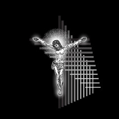 Wall Mural - Jesus Christ crucifixion on modern geometric cross tattoo. Prophet on sacred geometry minimal art. Symbol of new age Christianity prayer and religion Vector.