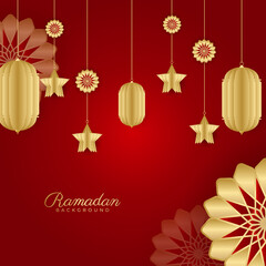 Islamic ramadan kareem greeting card. Red gold ramadan holiday invitation template with mosque star moon crescent and gold Arabic pattern. Vector illustration.