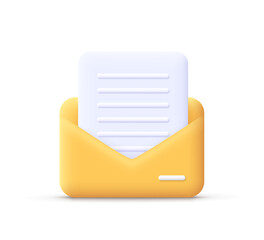 Poster - Open envelope with note paper card, mail. Postal message, post mail, email, business document, correspondence concept.3d vector icon. Cartoon minimal style.