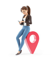 3d Cartoon Woman Using Smartphone Next To Map Pin