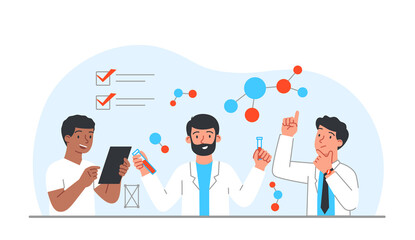 Laboratory workers concept. Men with test tubes, analysis of substances and scientific research, development of vaccine. Chemistry and reactions between substances. Cartoon flat vector illustration