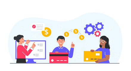 Poster - electronic payment concept. men and girls with cards next to computer. cashless transfers and transa