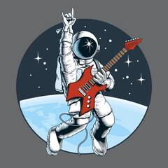 Wall Mural - Astronaut playing electric guitar in space and gesturing devil horns sign. Space tourist. Vector illustration.