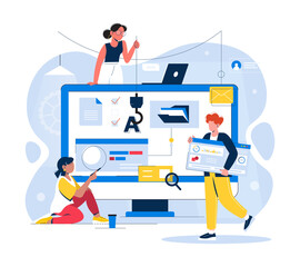 Fototapete - Website construction, web page under construction or  maintenance. Web design concept illustration in flat style. People working on website, teamwork. Characters doing various tasks.