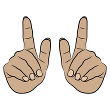 Two Human Hands With Raised Up Index Figers Showing Size. Gesturing. Cartoon Style. Isolated Vector Illustration.