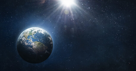 Earth planet in space. Blue marble. Space wallpaper with sun light and stars. Elements of this image furnished by NASA