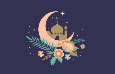 Wall Mural - Modern bohemian style Ramadan Mubarak greeting card, banner with retro boho design, moon, mosque dome and lanterns 