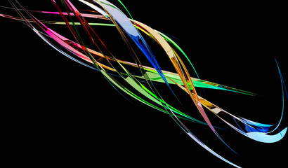 Wall Mural - Abstract twisting glossy shapes at black background, 3D rendering illustration.