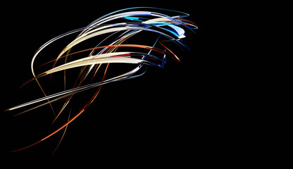 Wall Mural - Abstract twisting glossy shapes at black background, 3D rendering illustration.