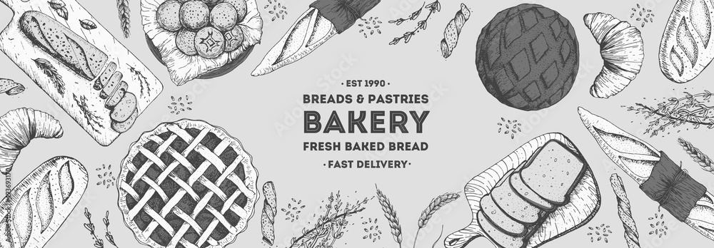 Bakery background. Bakery top view frame. Hand drawn sketch with bread ...