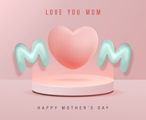 Wall Mural - 3D Realistic Happy Mother's Day Creative Concept for Greeting Card, Banner and Template. Mom balloon words with gift boxes Vector Illustration.