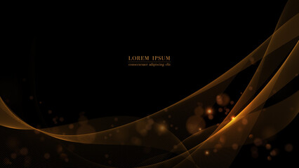 Wall Mural - Abstract golden flowing wave lines on black background with glittering lights. Vector illustration