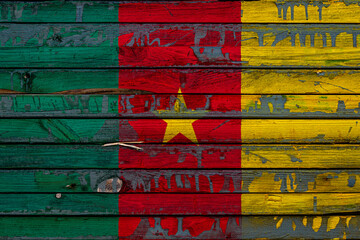 Wall Mural - The national flag of Cameroon. is painted on uneven boards. Country symbol.