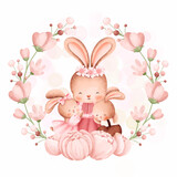 Fototapeta Dziecięca - Watercolor Illustration Mother and Baby Rabbit in flower wreath 