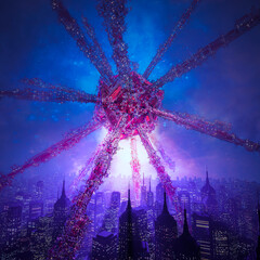 Wall Mural - invasion node - 3d illustration of science fiction scene with giant alien spaceship hovering in the 