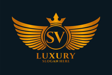 Luxury royal wing Letter SV crest Gold color Logo vector, Victory logo, crest logo, wing logo, vector logo template.