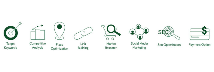 Canvas Print - seo icon set target keywords, competitive analysis, place optimization, link building, market resear
