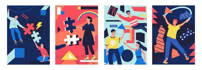 Aufkleber - Geometric poster with people. Young characters holding abstract shapes and puzzles. Analytics or creative process. Teamwork brainstorming. Finding solution. Vector illustrations set