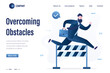 Confident businessman or manager jumps over hurdle. Overcoming obstacles, landing page template. Solving business problems. Skills improvement. Successful employee fast run.