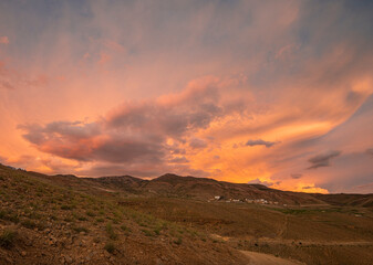 colourful Sunset sky above kibber village, Spiti Valley, Himachal Pradesh, India