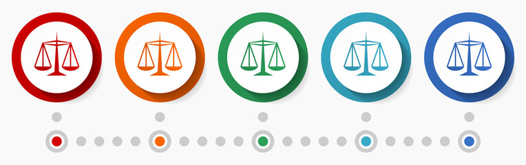 Poster - Justice, law concept vector icon set, flat design colorful buttons, infographic template in 5 color options
