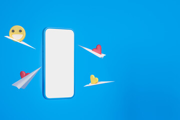 Poster - Smartphone screen, paper letters flying and emoji icons with heart. Mockup