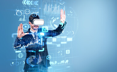 Poster - Businessman wearing formal suit and vr helmet touching digital i