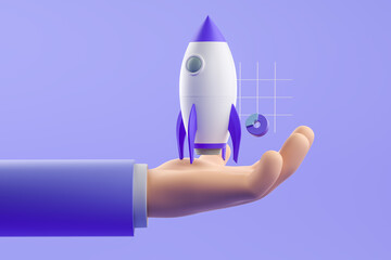Poster - Cartoon hand launch business startup, rocket and graph chart