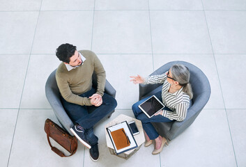 Poster - Merging their skills and ideas to do great business together. High angle shot of two businesspeople having a discussion in an office.