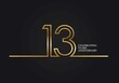 13 Years Anniversary logotype with golden colored font numbers made of one connected line, isolated on black background for company celebration event, birthday