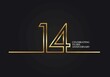 14 Years Anniversary logotype with golden colored font numbers made of one connected line, isolated on black background for company celebration event, birthday