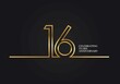 16 Years Anniversary logotype with golden colored font numbers made of one connected line, isolated on black background for company celebration event, birthday