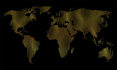 Wall Mural - vector illustartion of striped gold colored world map on black background