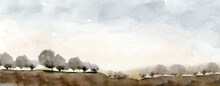 Neutral Landscape With Trees And Sky, Horizontal Long Landscape Panorama View, Hand Drawn And Painted Watercolor