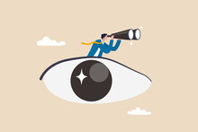 Business Vision, Eye Looking For Opportunity Or Discover Success Idea, Leadership Visionary Look Forward For Future, Search For Success Concept, Businessman Look Through Binoculars From His Big Eye.