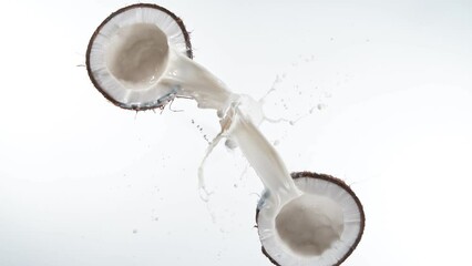 Poster - Cracked coconut with splashing milk, super slow motion filmed on high speed cinematic camera at 1000 fps.