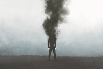 illustration of man vanishing in a dark black smoke, surreal emotional concept