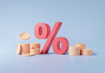 Poster - Red percentage and Stack coins, Financial graph economics analytics. growth target planning cost reduction saving investment education concept. tax, discount, 3d render illustration