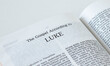 Luke Gospel from Holy Bible Book inspired by God and Jesus Christ, a closeup. New Testament Scripture isolated on a white background.