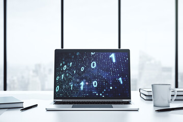 Poster - Modern computer monitor with creative abstract binary code hologram. Database and programming concept. 3D Rendering