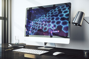 Poster - Creative concept of wireless technology with hexagon hologram on modern laptop screen. Big data and database concept. 3D Rendering