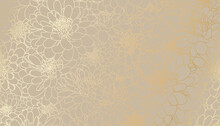 Digital Vector Illustration - Golden Chrysanthemum Flowers In Hand Drawn Line Art On Beige Background. Luxurious Art Deco Wallpaper Design For Print, Poster, Cover, Banner, Fabric, Invitation.
