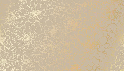 digital vector illustration - golden chrysanthemum flowers in hand drawn line art on beige backgroun