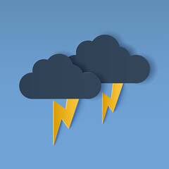Wall Mural - Paper cut of clouds and lightning on purple dark background. Vector illustration