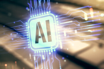 Aufkleber - Double exposure of creative artificial Intelligence icon on blurry metal background. Neural networks and machine learning concept