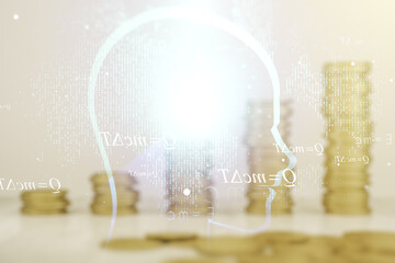 Poster - Abstract virtual artificial Intelligence concept with human head sketch on coins background. Double exposure