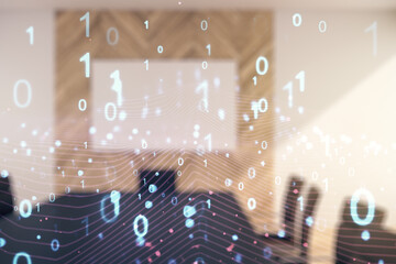 Aufkleber - Abstract virtual binary code hologram on a modern coworking room background, AI and machine learning concept. Multiexposure