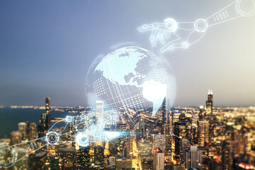 Aufkleber - Abstract virtual robotics technology hologram with globe on Chicago cityscape background, artificial intelligence and machine learning concept. Multi exposure