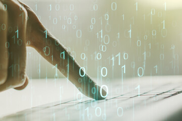 Aufkleber - Creative abstract binary code hologram and hands typing on computer keyboard on background, AI and machine learning concept. Multiexposure