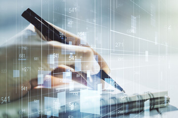 Aufkleber - Abstract creative stats data concept with woman hand writing in notebook on background. Multiexposure